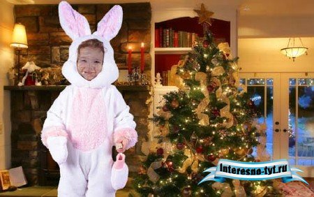 Шаблон для детей - Зайчик у новогодней елки!