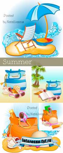 Лето, пляжная сумка, очки на песке в Векторе / Vector - Summer, beach bag, points