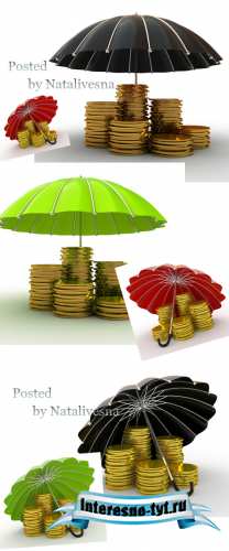 Зонтики и золотые монеты на белом фоне / Umbrellas and gold coins - Stock photo