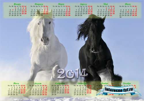 Календарь 2014 - Красивые бело-черные лошади